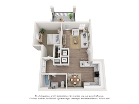 Floor plan for 1 bed, 1 bath, 715 sqft
