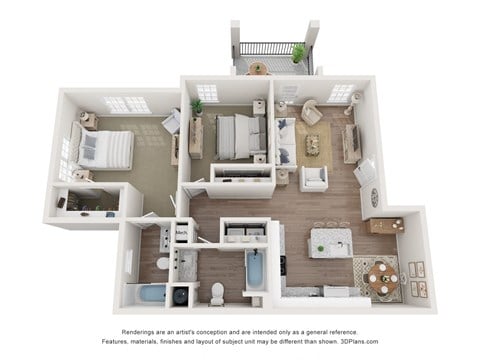 Floor plan for 2 beds, 2 baths, 1102 sqft
