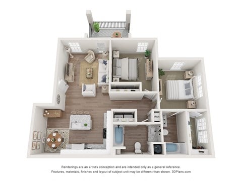 Floor plan for 2 beds, 2 baths, 1049 sqft