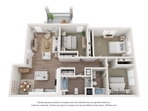 Floor plan for 3 beds, 2 baths, 1049 sqft