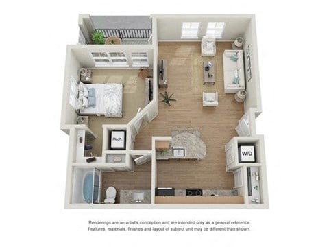 Floor plan for 1 bed, 1 bath, 741 sqft