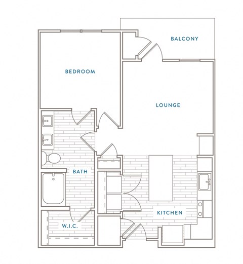 Floor plan for 1 bed, 1 bath, 732 sqft