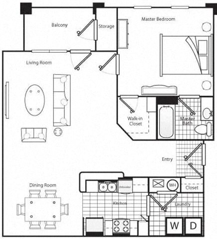 Floor plan for 1 bed, 1 bath, 975 sqft