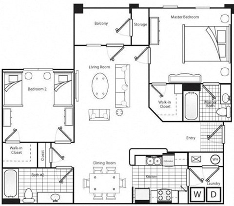 Floor plan for 2 beds, 2 baths, 1150 sqft