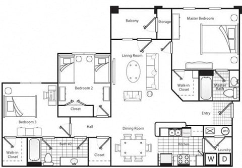 Floor plan for 3 beds, 2 baths, 1350 sqft