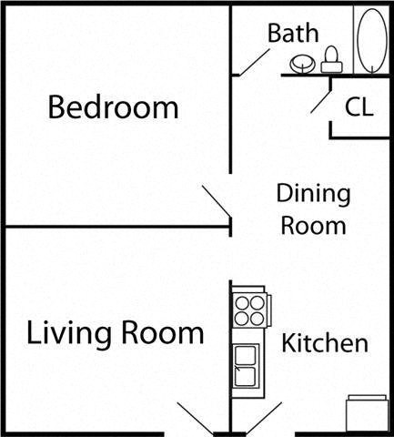 Floor plan for 1 bed, 1 bath, 740 sqft