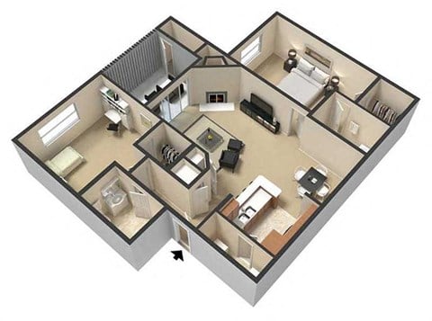 Floor plan for 2 beds, 2 baths, 1050 sqft