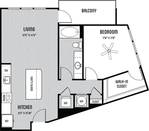 Floor plan for 1 bed, 1 bath, 815 sqft