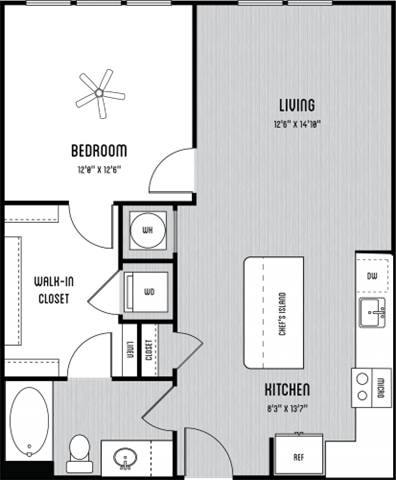 Floor plan for 1 bed, 1 bath, 775 sqft