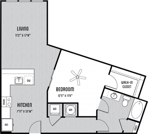 Floor plan for 1 bed, 1 bath, 840 sqft
