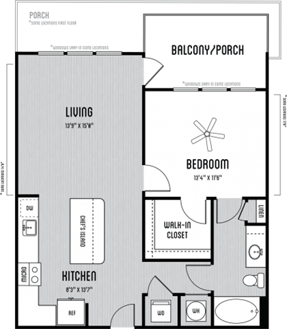 Floor plan for 1 bed, 1 bath, 790 sqft