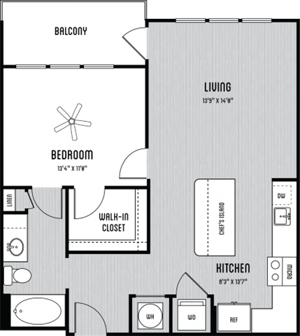 Floor plan for 1 bed, 1 bath, 775 sqft
