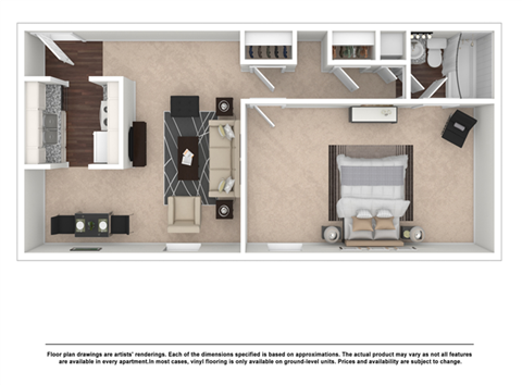 Floor plan for 1 bed, 1 bath, 680 sqft