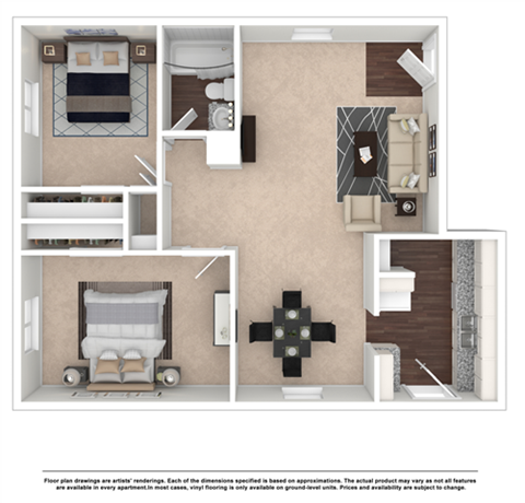Floor plan for 2 beds, 1 bath, 840 sqft