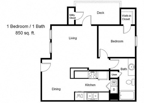 Floor plan for 1 bed, 1 bath, 850 sqft
