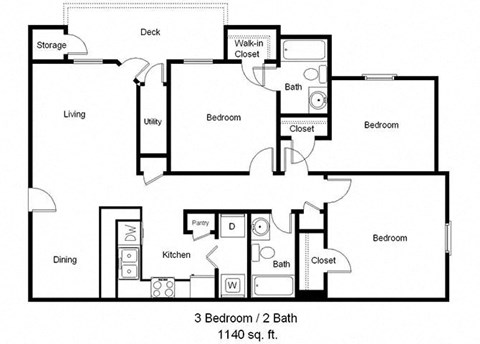 Floor plan for 3 beds, 2 baths, 1140 sqft