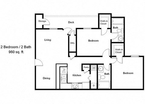 Floor plan for 2 beds, 2 baths, 960 sqft