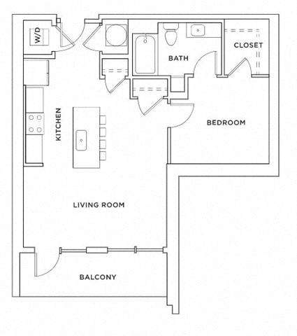 Floor plan for 1 bed, 1 bath, 731 sqft