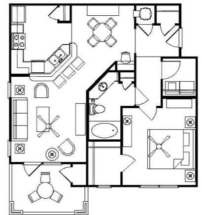 Floor plan for 1 bed, 1 bath, 826 sqft