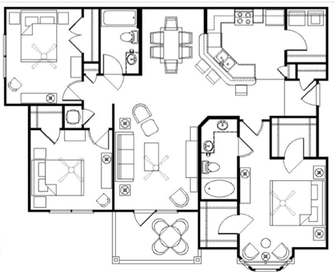 Floor plan for 3 beds, 2 baths, 1384 sqft