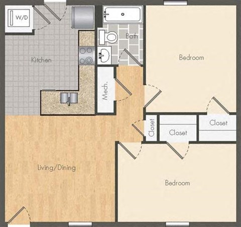 Floor plan for 2 beds, 1 bath, 980 sqft