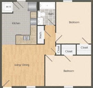 Floor plan for 2 beds, 1 bath, 980 sqft