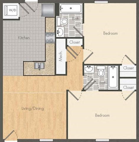 Floor plan for 2 beds, 2 baths, 1025 sqft