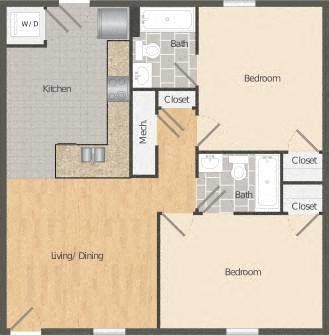 Floor plan for 2 beds, 2 baths, 1025 sqft