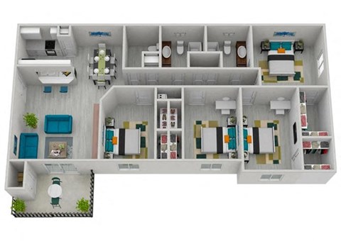 Floor plan for 4 beds, 2.5 baths, 1445 sqft