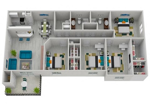 Floor plan for 4 beds, 2.5 baths, 1445 sqft