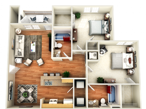 Floor plan for 2 beds, 2 baths, 1057 sqft