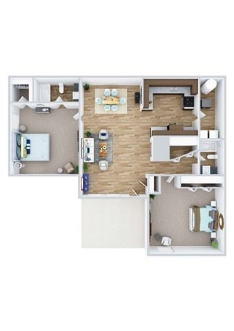 Floor plan for 2 beds, 2 baths, 1050 sqft