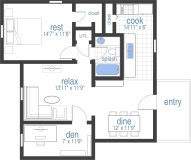 Floor plan for 1 bed, 1 bath, 833 sqft