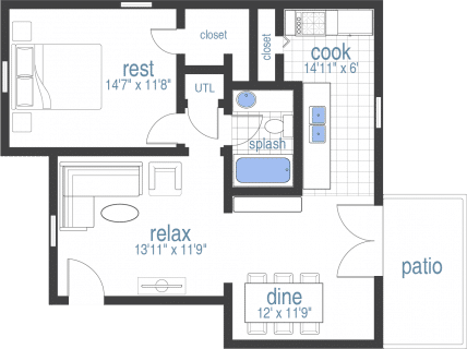 Floor plan for 1 bed, 1 bath, 748 sqft