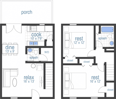 Floor plan for 2 beds, 1.5 baths, 1104 sqft