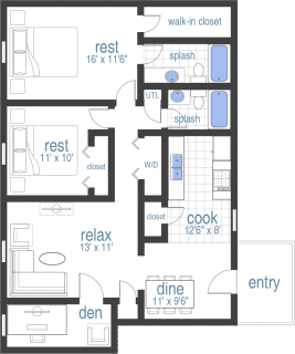 Floor plan for 2 beds, 2 baths, 1149 sqft