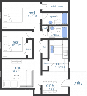 Floor plan for 2 beds, 2 baths, 1065 sqft