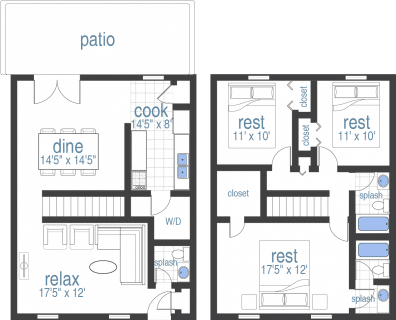 Floor plan for 3 beds, 2.5 baths, 1436 sqft