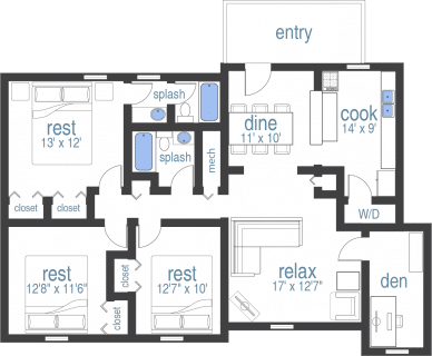 Floor plan for 3 beds, 2 baths, 1359 sqft