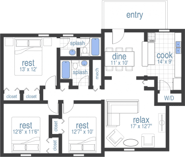 Floor plan for 3 beds, 2 baths, 1275 sqft
