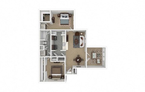 Floor plan for 2 beds, 1 bath, 937 sqft