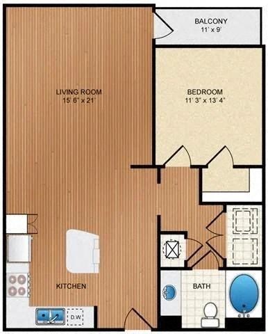 Floor plan for 1 bed, 1 bath, 826 sqft