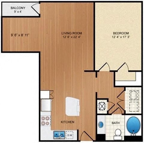 Floor plan for 1 bed, 1 bath, 872 sqft