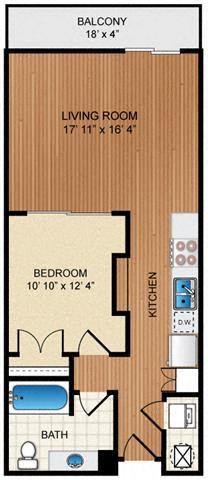 Floor plan for 1 bed, 1 bath, 652 sqft