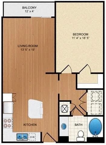 Floor plan for 1 bed, 1 bath, 750 sqft