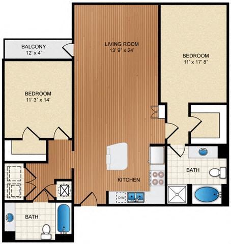 Floor plan for 2 beds, 2 baths, 1158 sqft