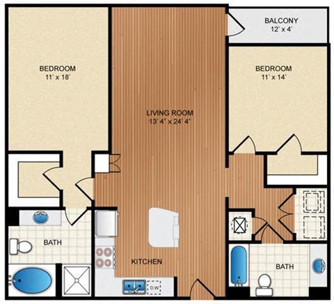 Floor plan for 2 beds, 2 baths, 1171 sqft