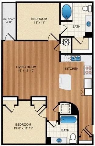 Floor plan for 2 beds, 2 baths, 1008 sqft