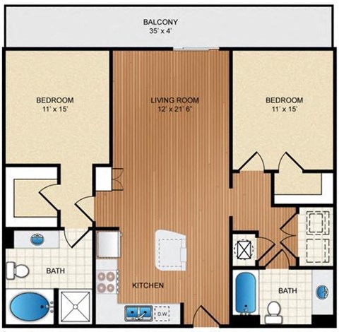 Floor plan for 2 beds, 2 baths, 1025 sqft