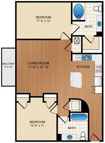 Floor plan for 2 beds, 2 baths, 1049 sqft